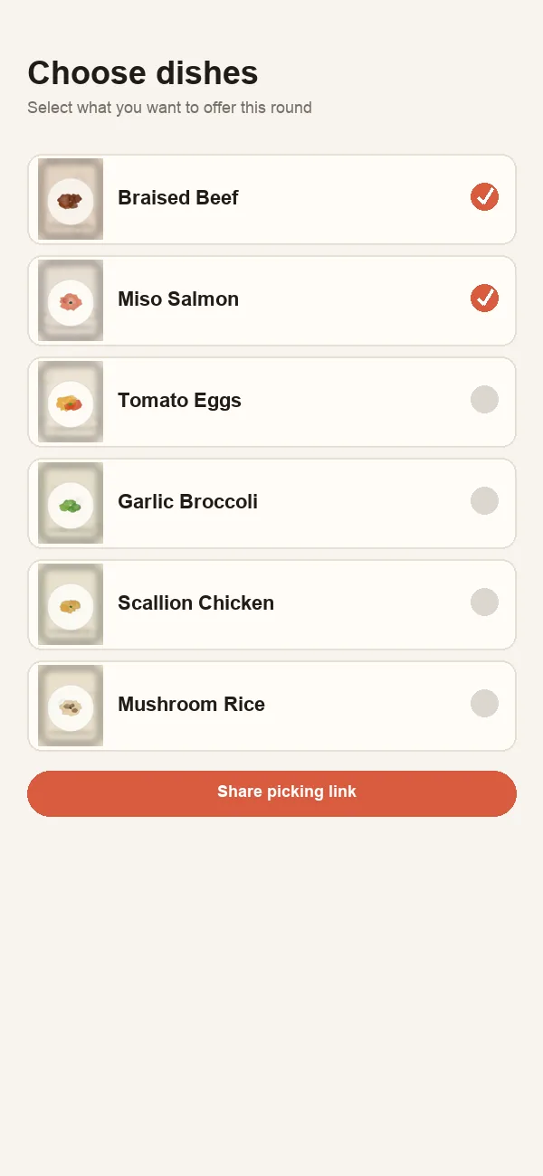 OnMyMenu picking setup screen on iPhone — selecting dishes to offer