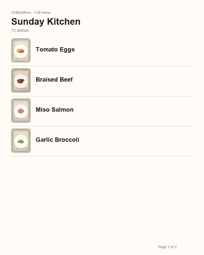 Full menu page exported from OnMyMenu